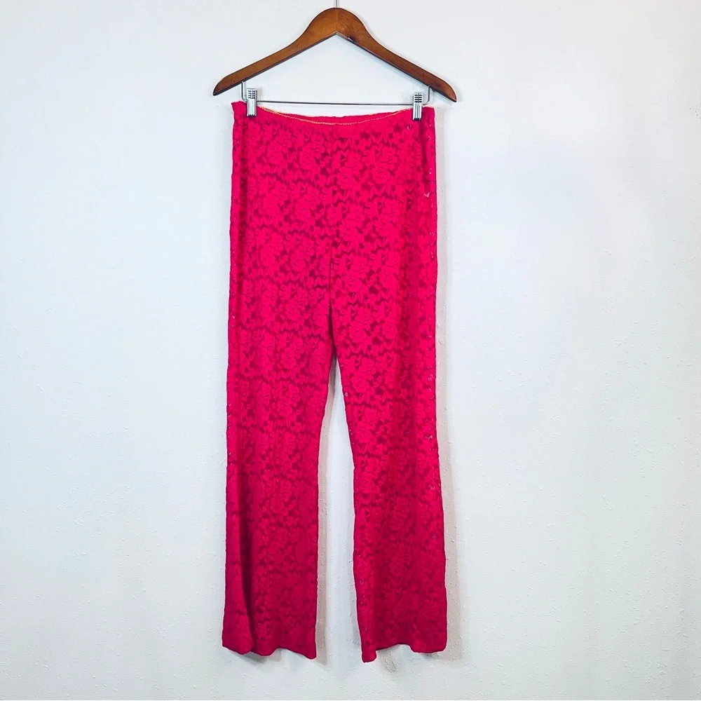 Free People All Day Lace Women’s Fuchsia Sheer Flare Coquette Pants Sz L NEW